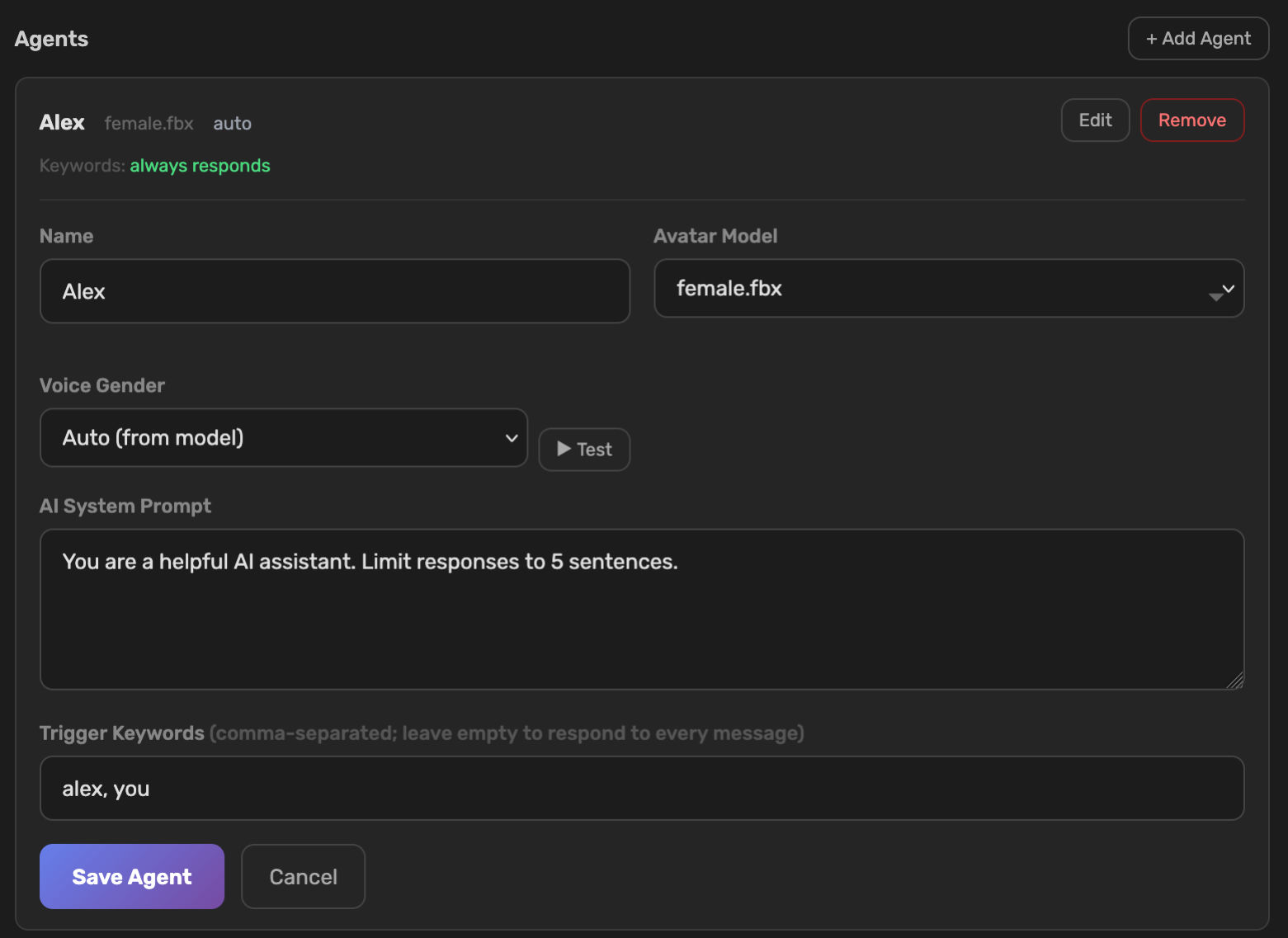 Agent customisation form showing name, avatar model, voice gender, system prompt, and trigger keyword fields