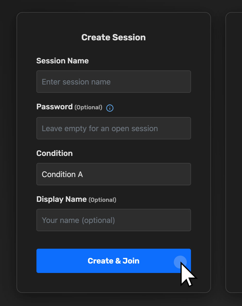 The lobby Create Session panel filled out with session name, password, condition, display name, and the Create & Join button