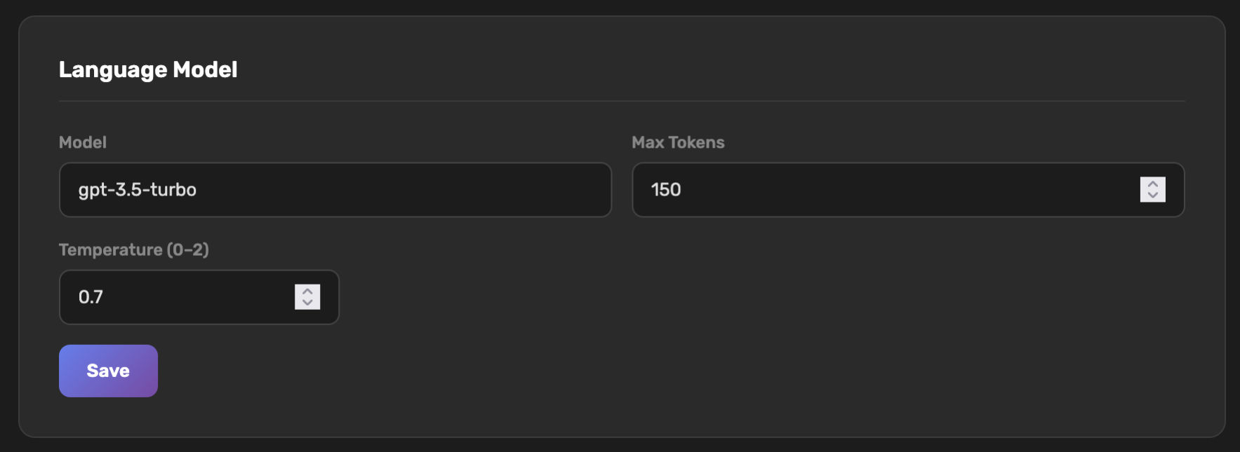 Language model selection panel showing model name, max tokens, and temperature fields
