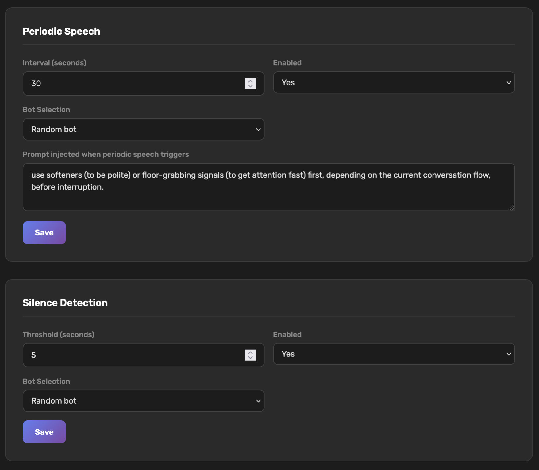 Periodic speech and silence detection settings panels in the admin dashboard