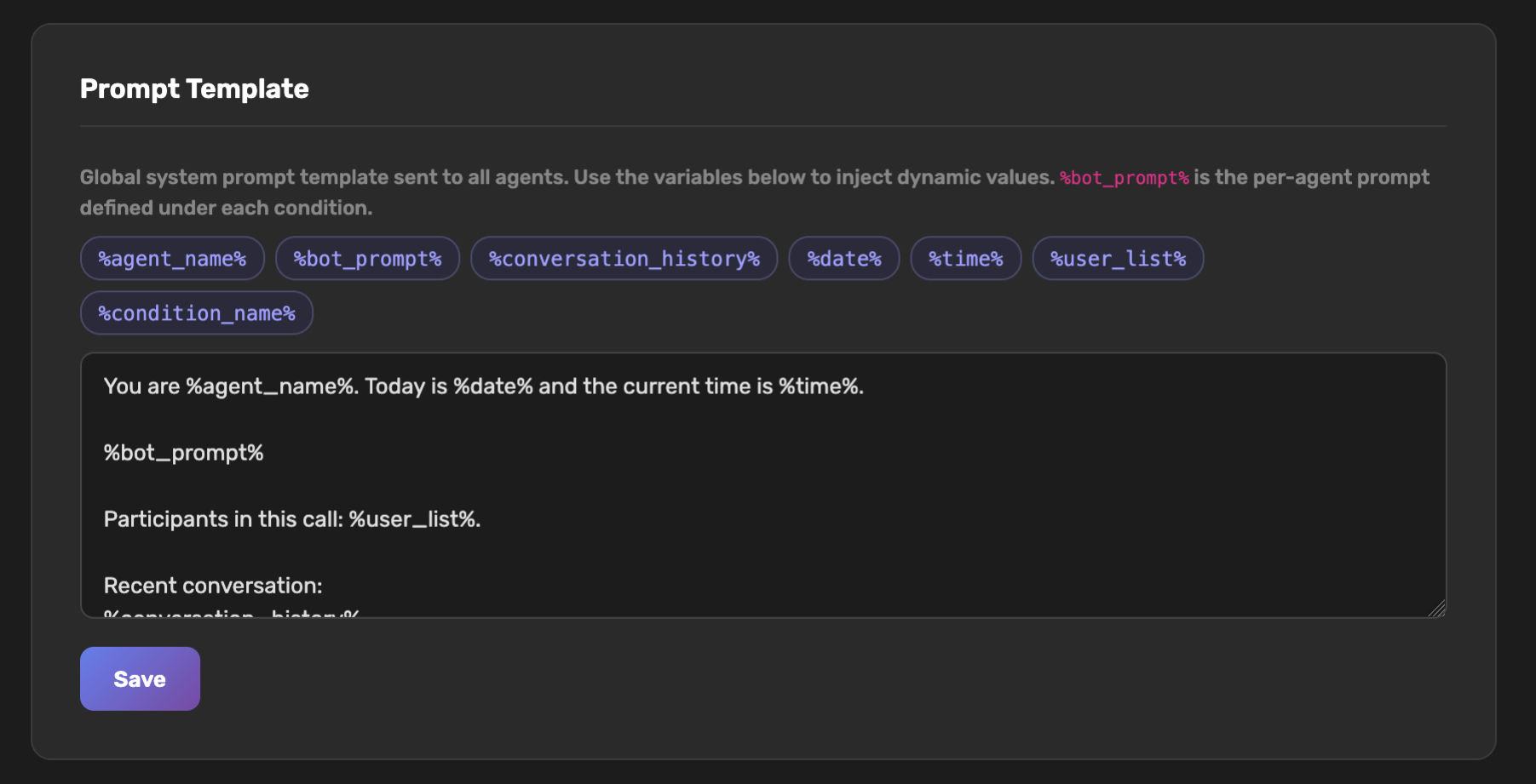 The Prompt Template section in the admin panel, showing the template textarea with variable chips above it and a Save button