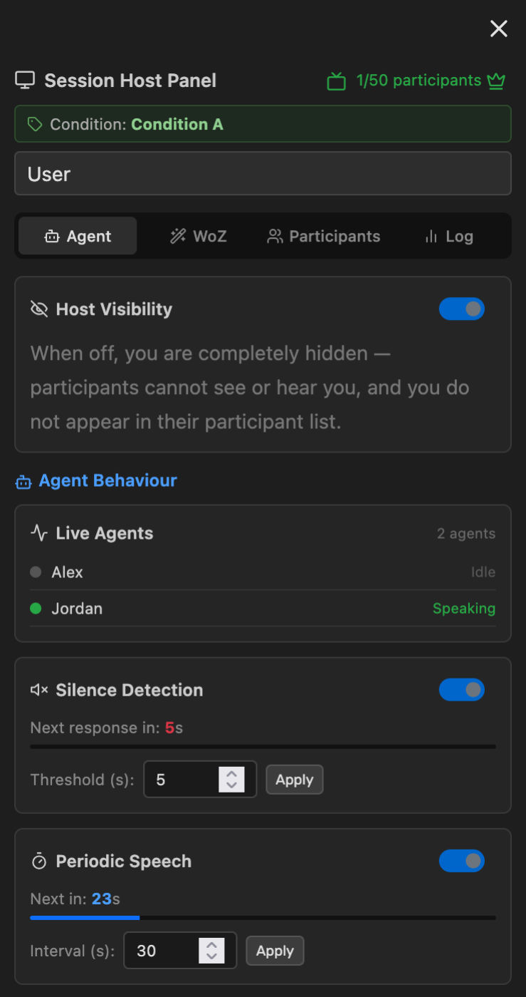 The Agent tab showing Host Visibility toggle, Live Agents list with idle/speaking status, Silence Detection countdown, and Periodic Speech countdown