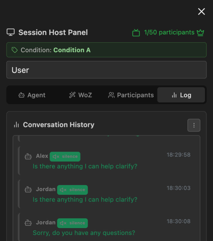 The Log tab showing timestamped utterances with agent lines and human lines differentiated by colour