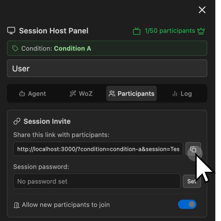 The Session Invite card showing the share link with copy button, session password field, and the Allow new participants toggle
