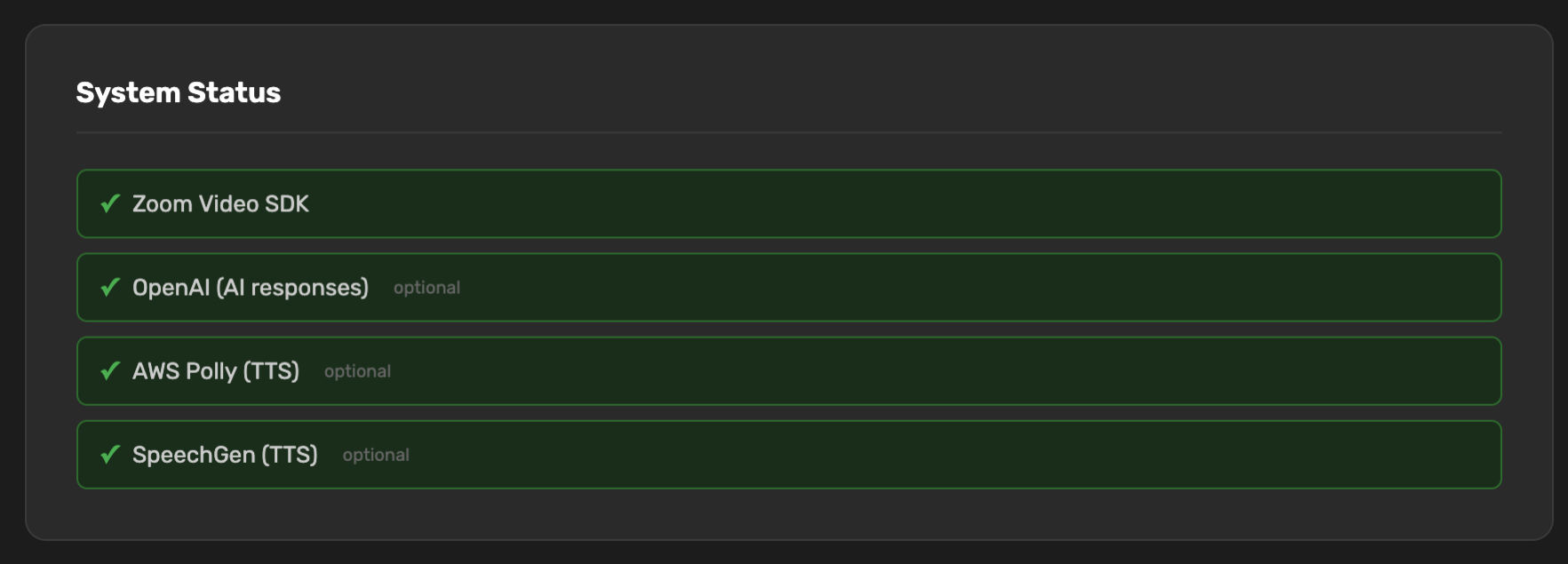 System Status panel showing green checkmarks for Zoom Video SDK, OpenAI, AWS Polly, and SpeechGen