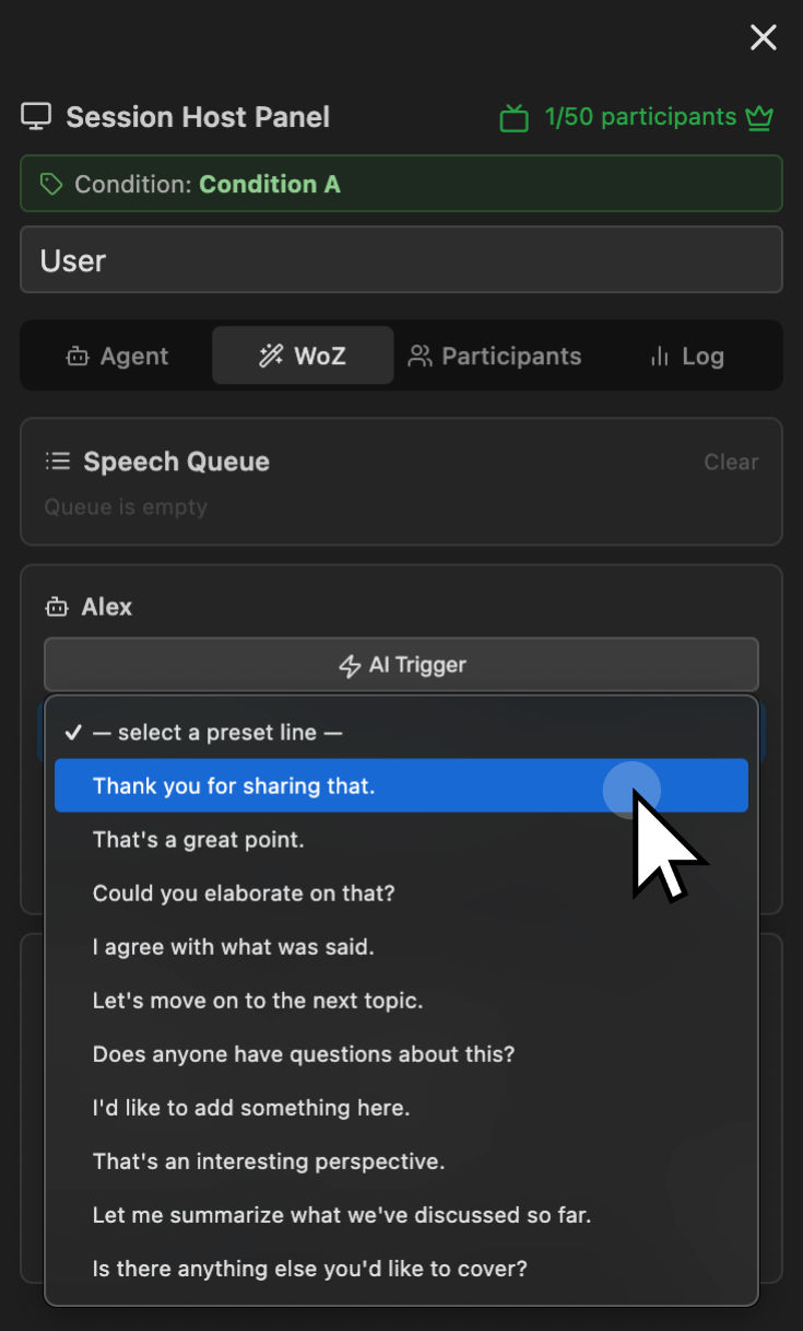 The WoZ tab showing the Speech Queue at the top and per-agent control cards with AI Trigger, preset line dropdown, and custom text input